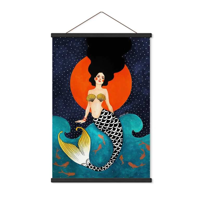 Textil poster sjöjungfru i rött månsken - Hülya 