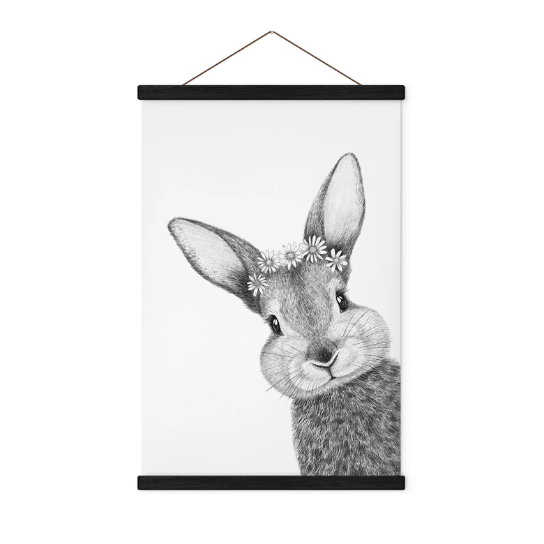 Stoffbild Niedlicher Hase mit Kamillenblumen - Korenkova 