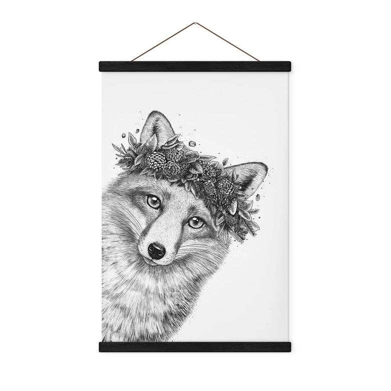 Tableau en tissu Renard noir et blanc avec couronne de fleurs - Korenkova 