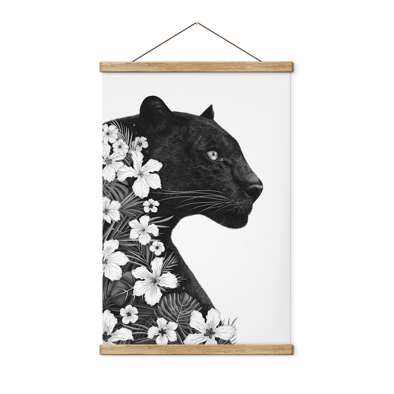 Póster de tela Pantera negra con flores blancas - Korenkova 