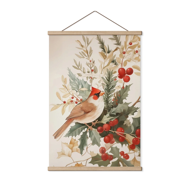 Stoffbild Winter - Kardinalsvogel mit Beerenzweig - Melloi Art Prints 