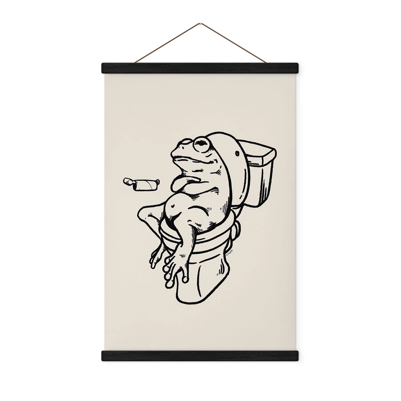 Affiche textile Attendre aux toilettes - Illustration humoristique de grenouille - Royle 