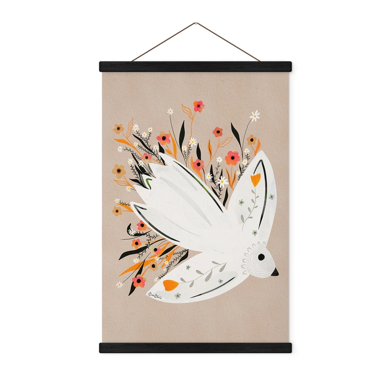 Affiche textile Colombe de la paix avec petites fleurs - Bloom 