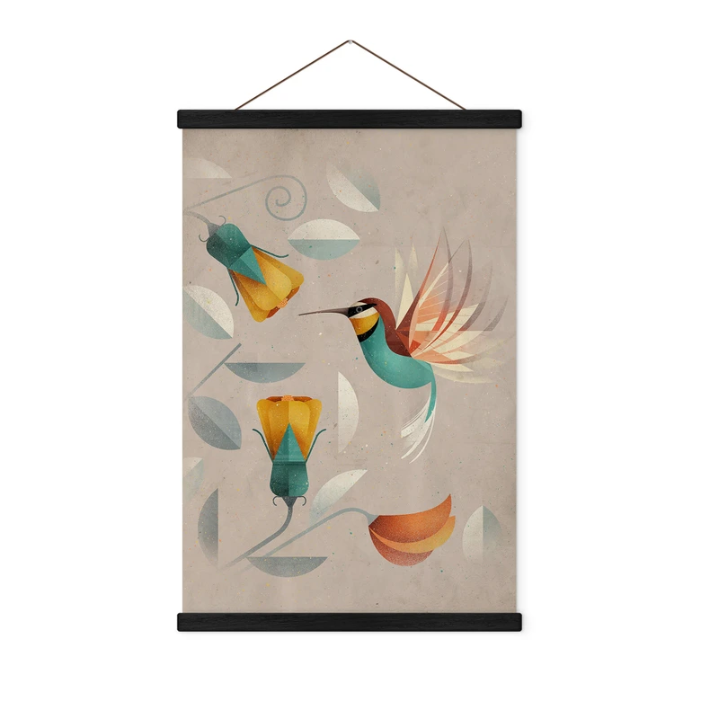 Affiche textile avec motif d'oiseaux - Colibri - Marron 