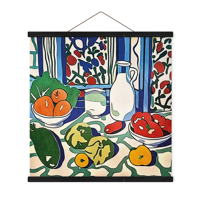 Stoffbild Obst und Gemüse auf dem Küchentisch - Inspiriert von Matisse - Zamart 