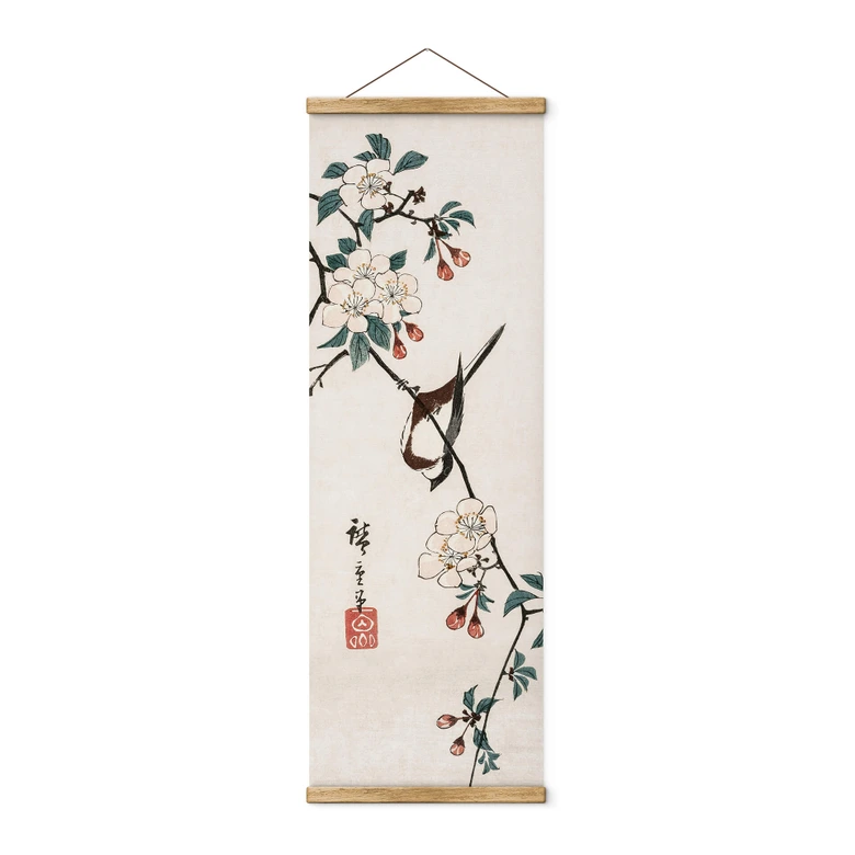 Obraz tkaniny Hiroshige - Mały ptak na gałęzi wiśni - Panorama 