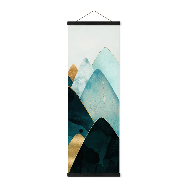 Stoffbild Abstrakte Berge in Gold und Blau - SpaceFrog Designs - Panorama 