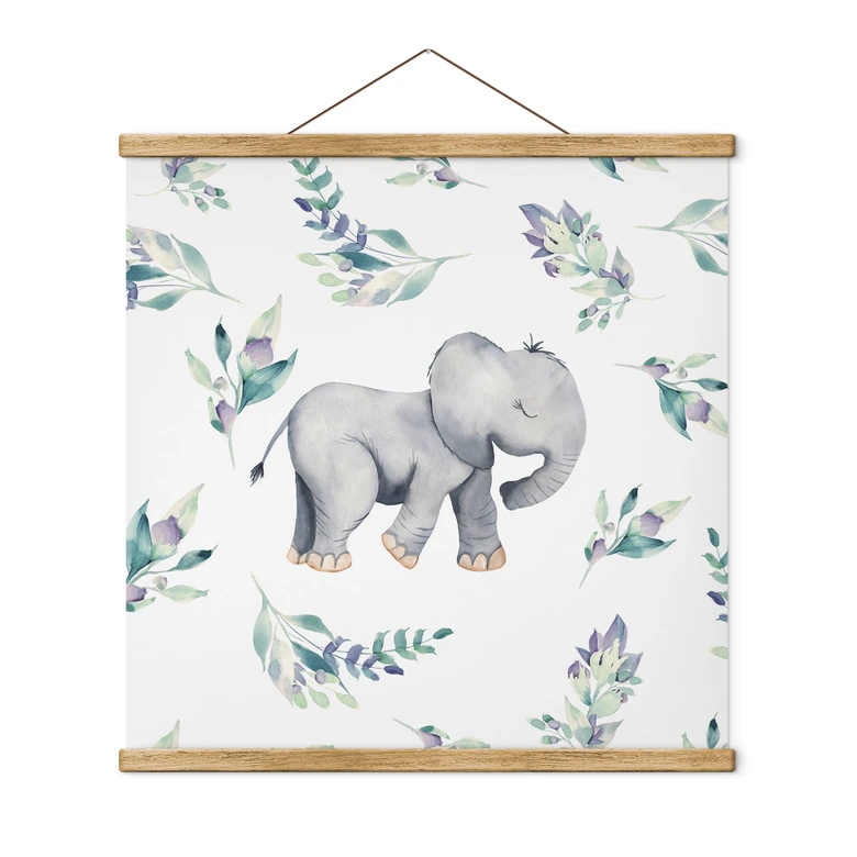 Affiche textile Bébé éléphant mignon entre des branches boho - UN Designs - Carré 