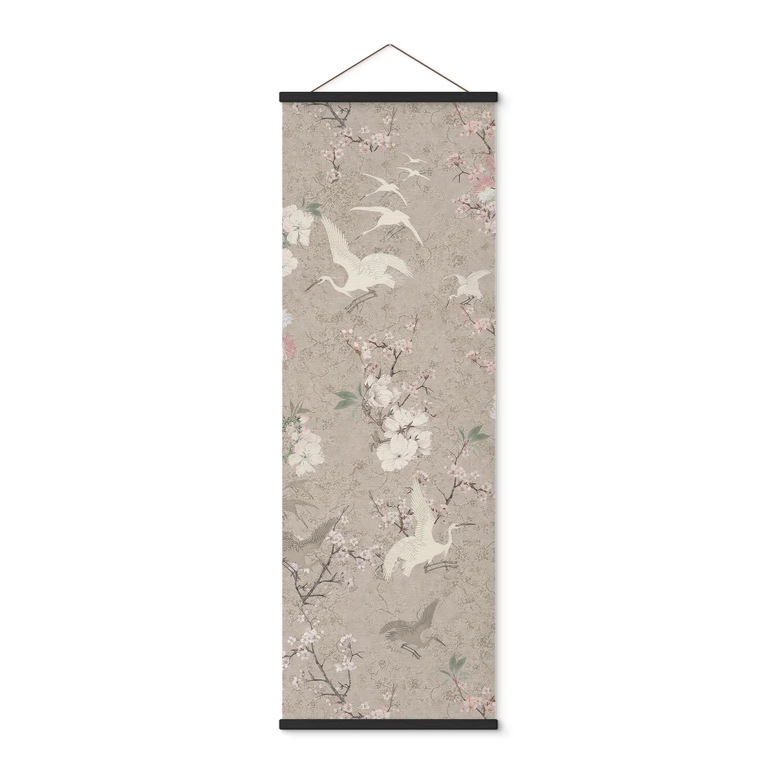 Stoffbild Kraniche im Kirschblüten-Rausch Beige - Bloomery Decor - Panorama 