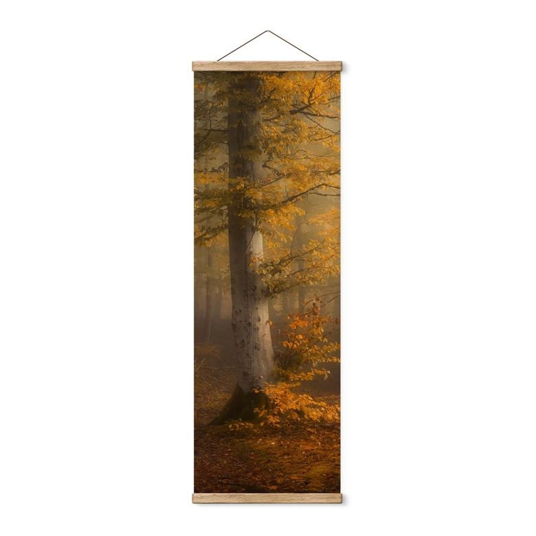 Stoffbild Goldene Blätter im nebligen Wald - Maier - Panorama 