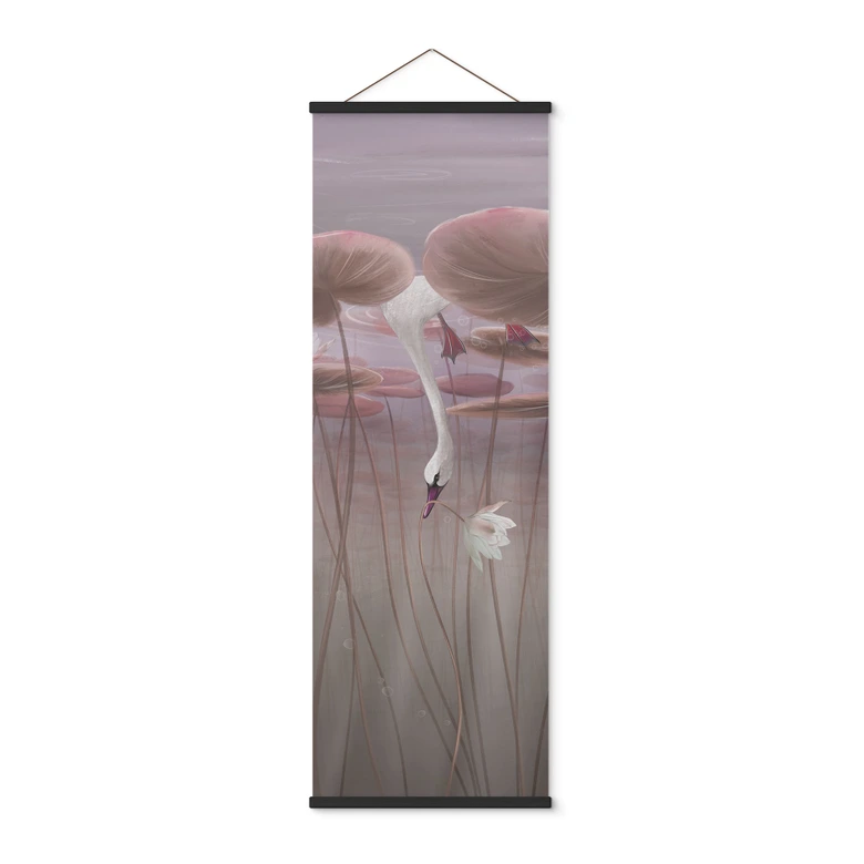 Stoffbild Lotusblumen mit Schwan im Wasser in Altrosa - Ms Tiff - Panorama 