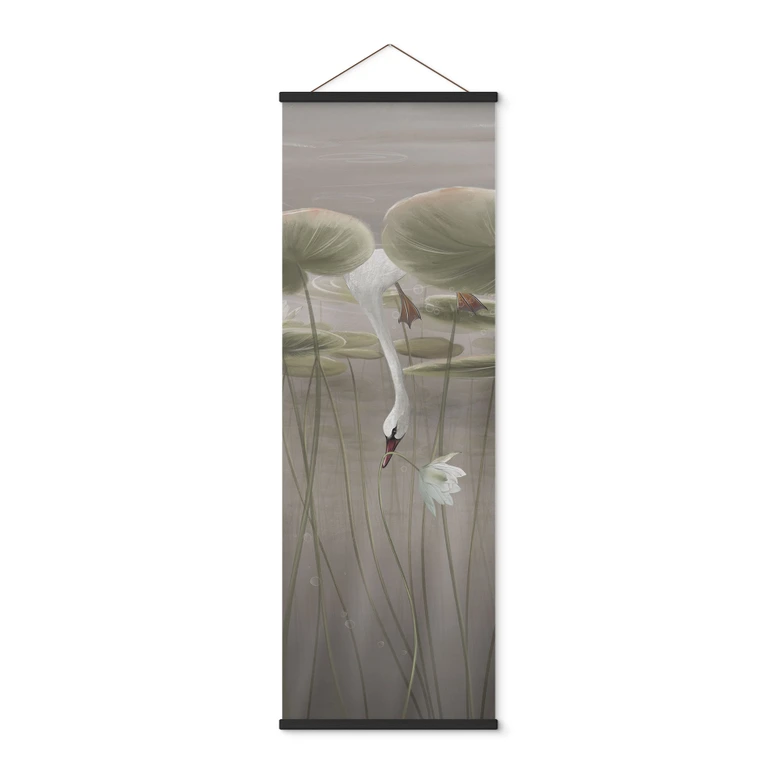 Stoffbild Lotusblumen mit Schwan im Wasser in Grau - Ms Tiff - Panorama 