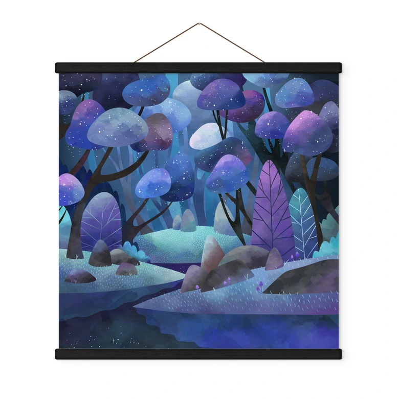 Textile poster enchanted forest in midnight blue - DigitalArtsi 