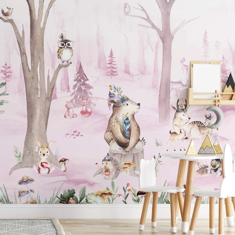 Fotobehang Kvilis - Dierenvrienden in het Bos roze 