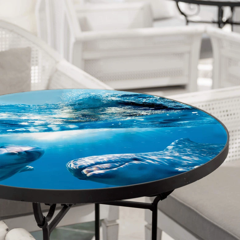 Tischplatte aus Glas - Dolphins Underwater - Rund 