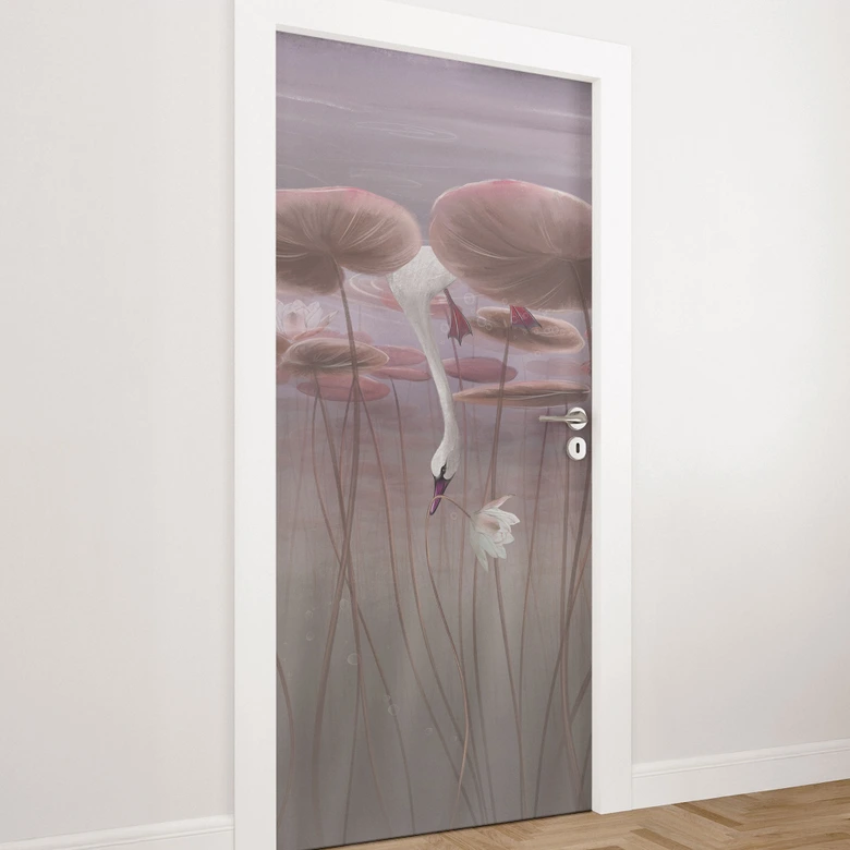 Deurfolie lotusbloemen met zwaan in water in donkerroze - Ms Tiff 
