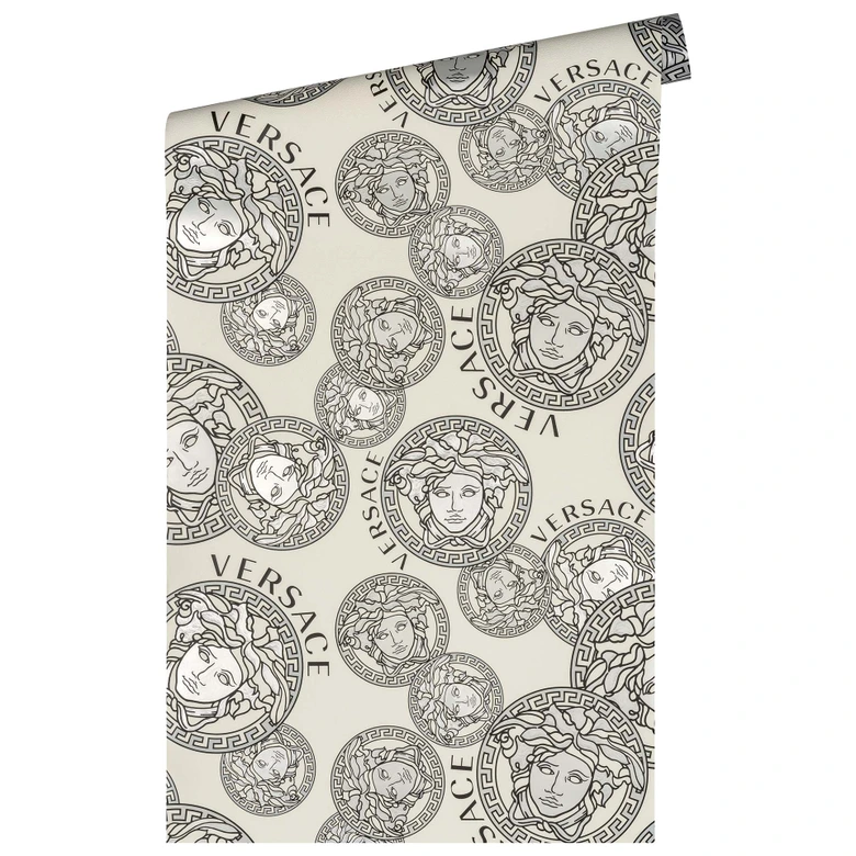 Papier peint Versace tête de méduse papier peint de luxe en intissé crème et argent design 
