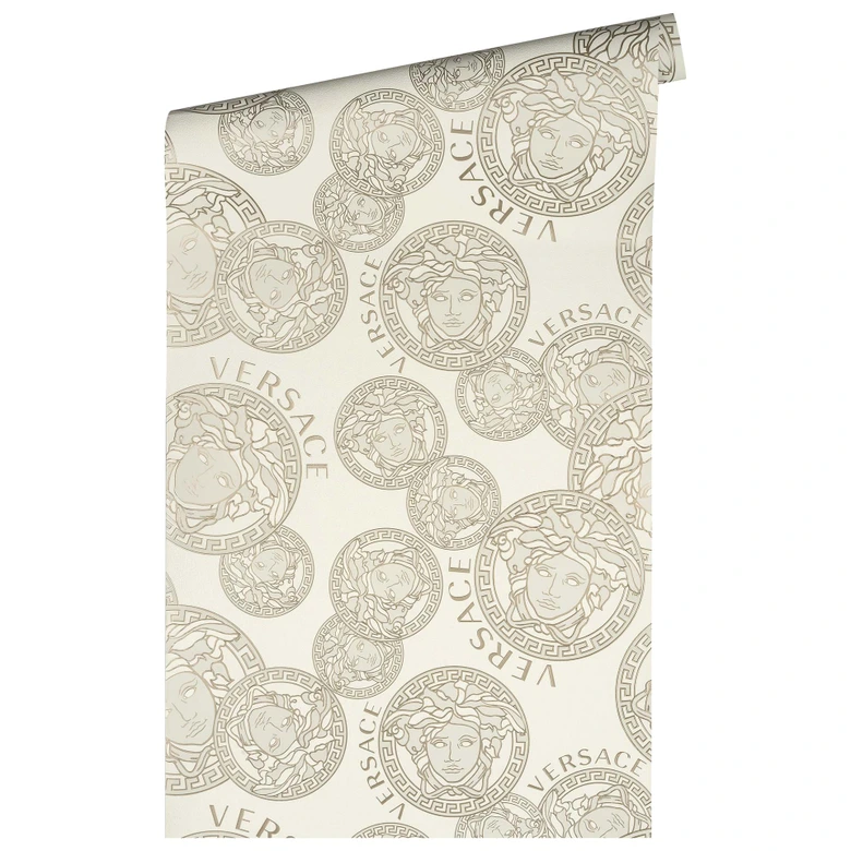Versace Home papel pintado no tejido de color beige perla cabeza de medusa de diseño de lujo blanco 