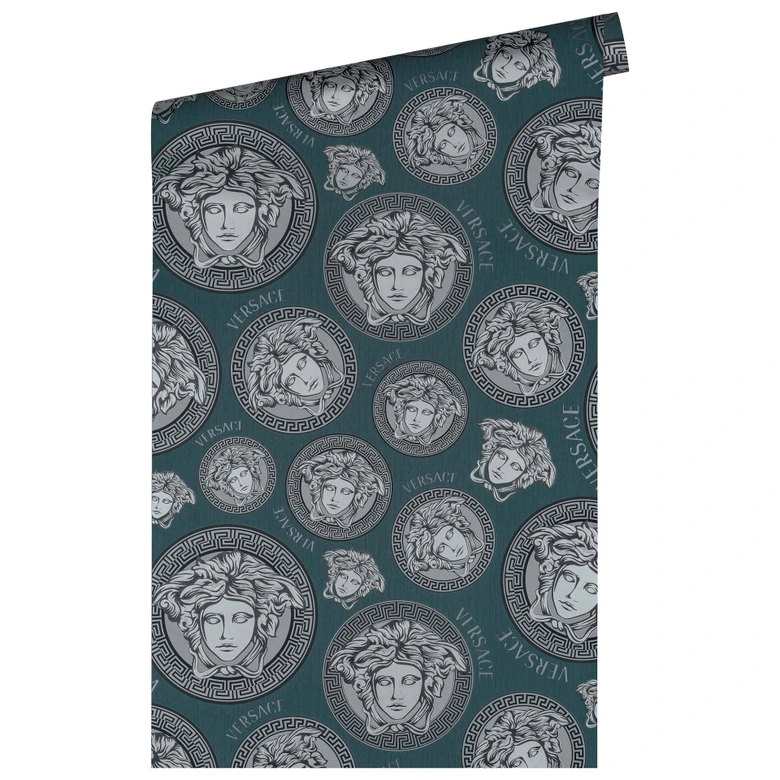 Versace Home Papel pintado de lujo cabeza de medusa papel pintado de lujo plata petróleo 