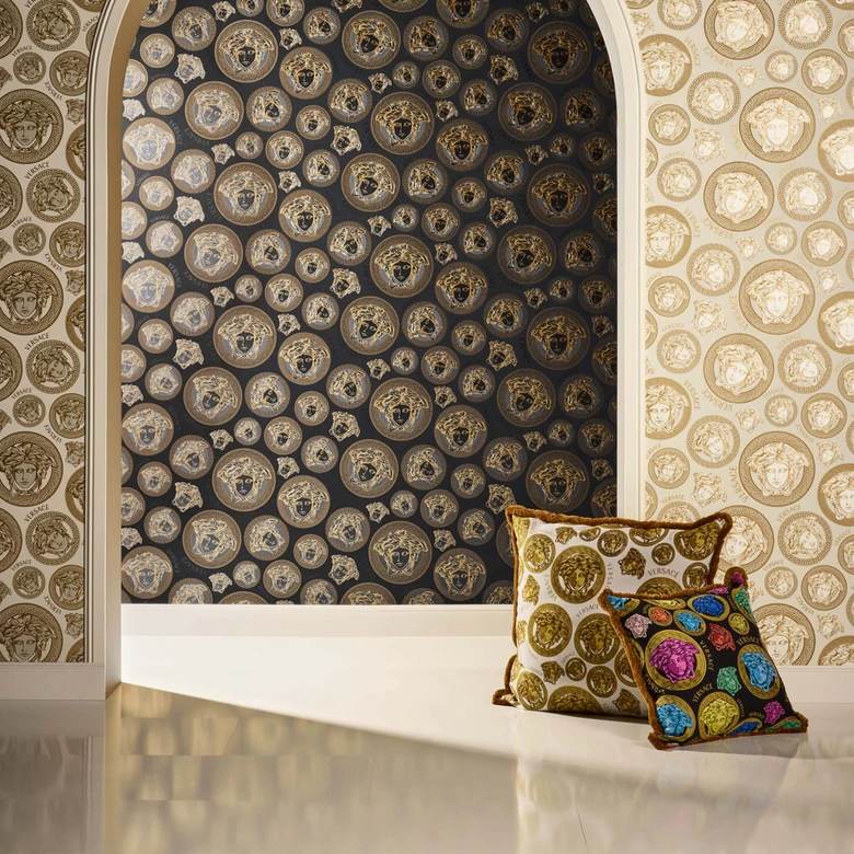 Papier peint design Versace or et noir papier peint intissé luxe têtes de méduses 
