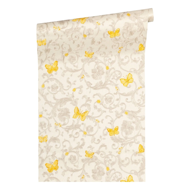 Versace tapet, Fleecetapet Butterfly Barocco Baroktapet med ornamenter, gul, guld, creme 
