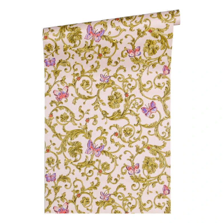 Versace wallpaper Vliestapete Butterfly Barocco Barocktapete mit Ornamenten rosa, grün, gold 