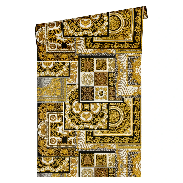 Versace wallpaper Vliestapete Decoupage Barocktapete mit Ornamenten gold, silber, schwarz 