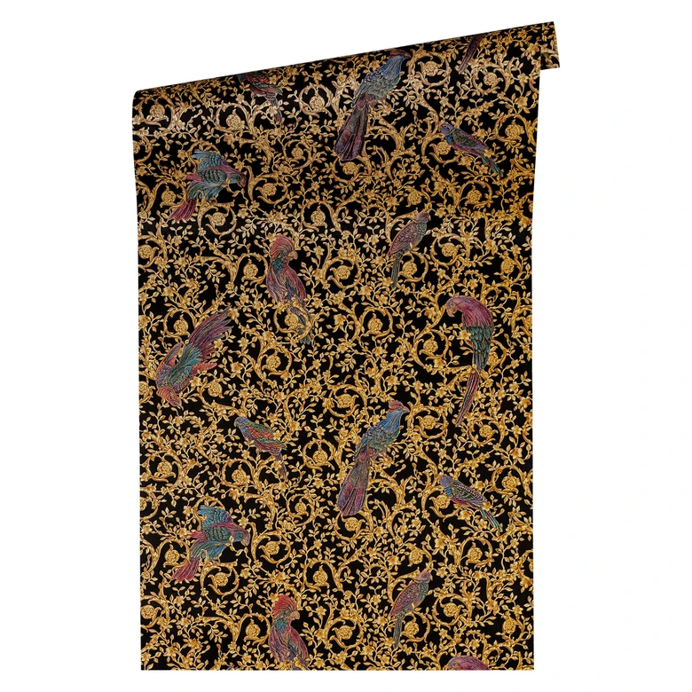 Versace wallpaper Vliestapete Barocco Birds Barocktapete mit Vögeln gold, schwarz, gelb 