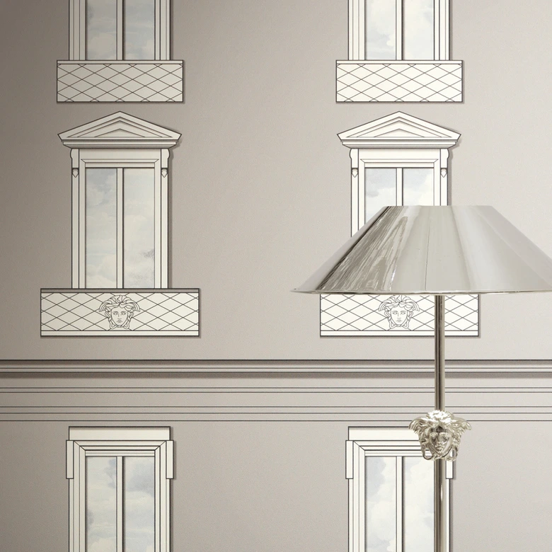 Versace non-woven wallpaper Palazzo No 12 window facade gray blue neo classic 