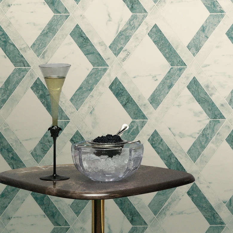 Versace non-woven wallpaper Tarsia diamond pattern marble look green white graphic 