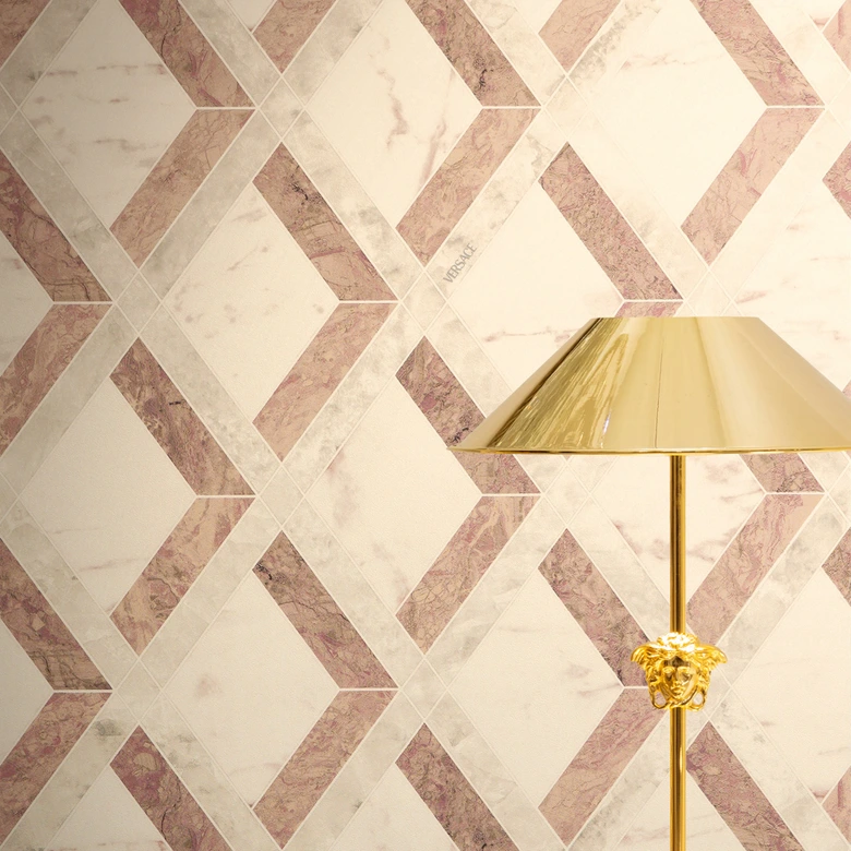 Versace Vliestapete Tarsia Rauten Marmor Optik Creme Rosa Weiß 