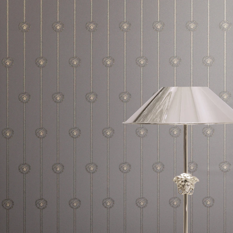 Versace non-woven wallpaper I Love Baroque stripes Medusa taupe silver luxurious 