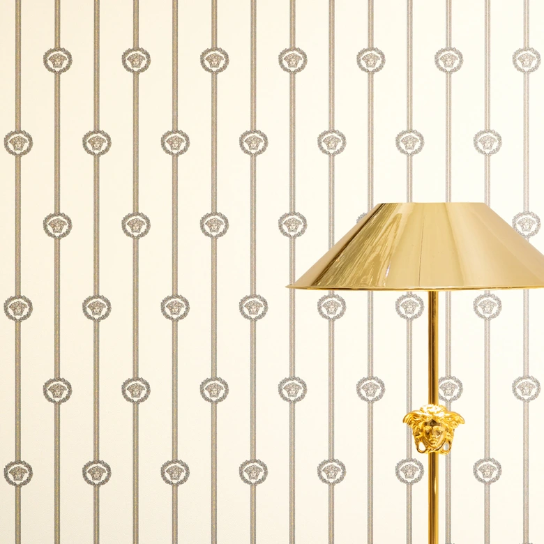 Versace non-woven wallpaper I Love Baroque stripes Medusa White Taupe luxurious 