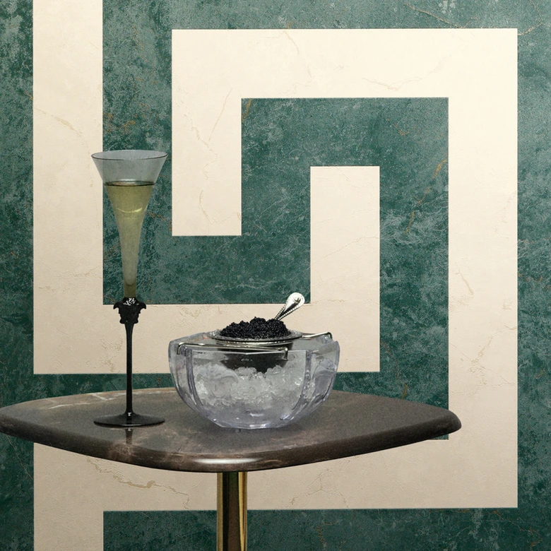 Versace non-woven wallpaper Greek meander graphic green gray marble look modern luxurious 