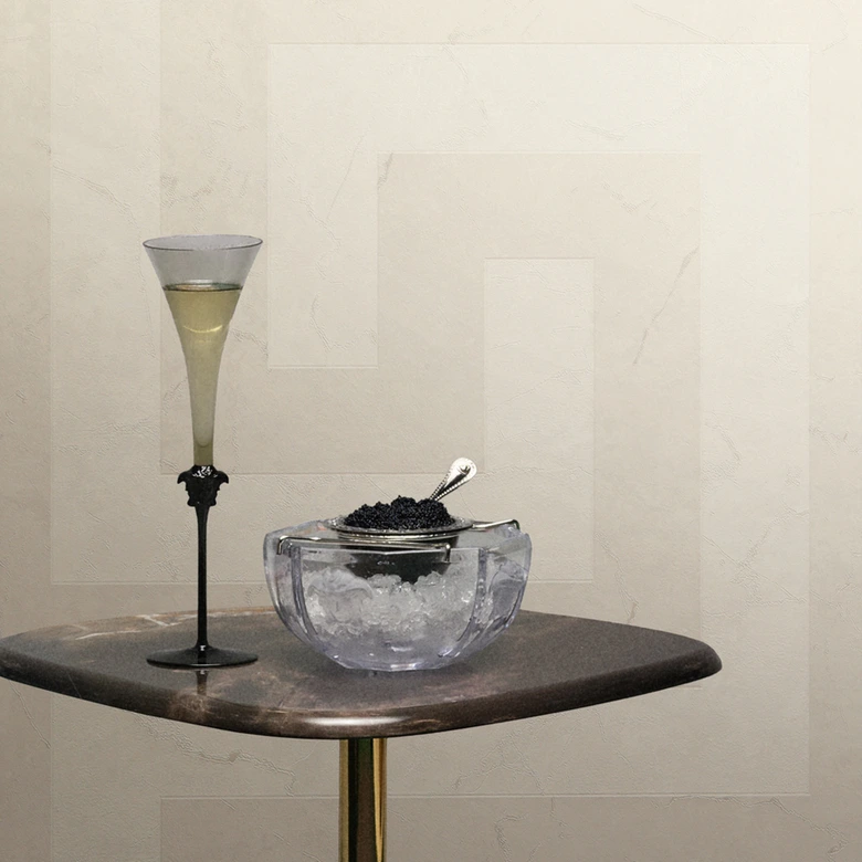 Versace non-woven wallpaper Greek meander graphic cream gray marble look modern luxurious 