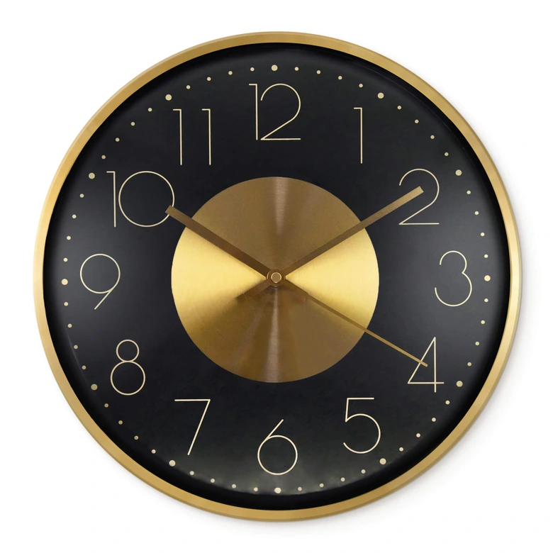 Moderne Wanduhr aus Aluminium, schwarz-gold | rund 