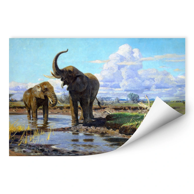 Wallprint - Kuhnert - Elefanten an der Wasserstelle 