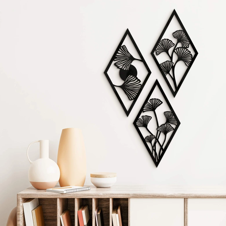 Wanddeko Ginko Blätter Set - Rautenform - Acrylglas (3-teilig) 