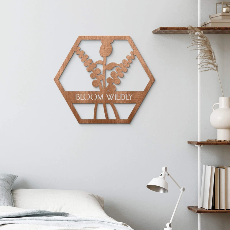 Väggdekorationer i trä mahogny - Blommor i hexagon - Bloom Wildly 