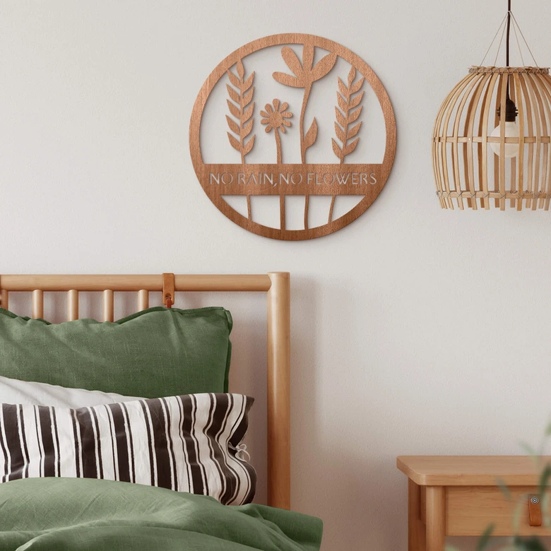 Decoración en madera caoba - Flores en círculo - No Rain - No Flowers 
