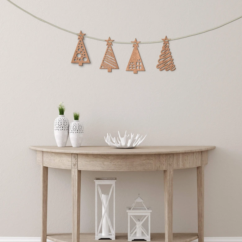 Holzdeko Weihnachten - Tannenbaum mit Muster 4er Set - Mahagoniholz 