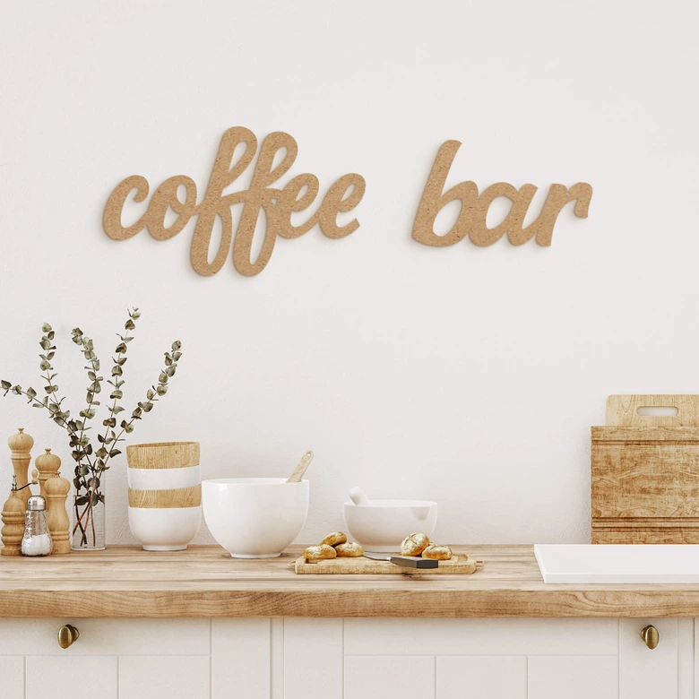 Väggdekorationer i trä - 3D-bokstäver för köket - Kaffebar - MDF natur 
