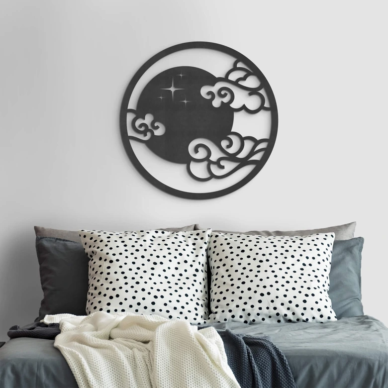 MDF - Väggdekorationer i trä - Måne med moln - Rund 