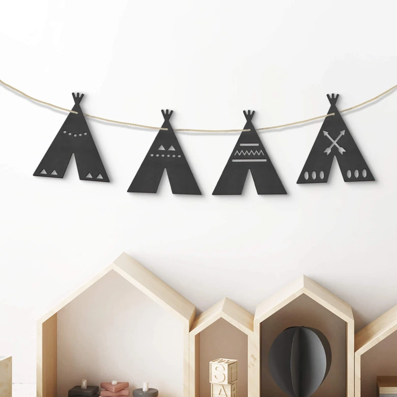 MDF - Holzdeko - Wimpelkette Tipi (4er Set) inkl. Baumwollseil 