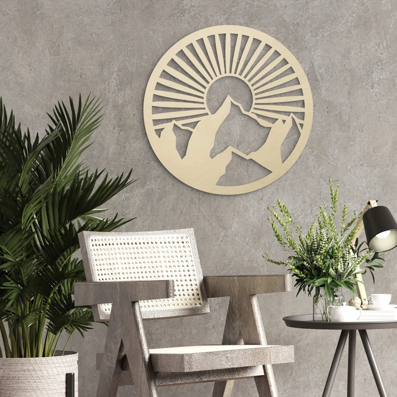 Decoración en madera paisaje de montaña al atardecer - madera de álamo redonda 