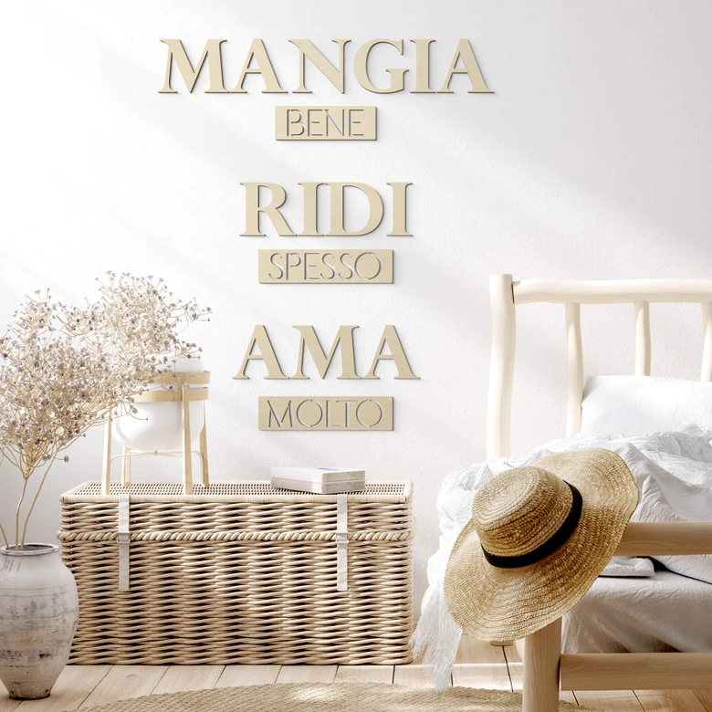 Wanddecoratie Populierenhout Mangia bene, Ridi spesso, Ama 