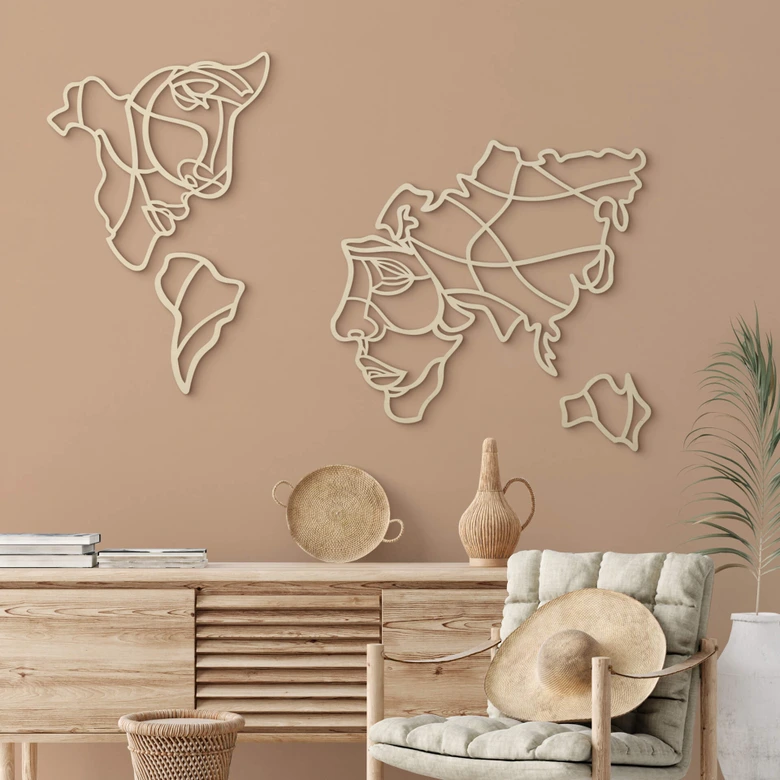 Dekoracja drewniana topola - Mapa świata z twarzą 