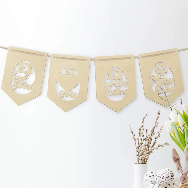 Decoración en madera álamo - cadena de banderines de Pascua - refranes (set de 4) incl. cuerda de algodón 