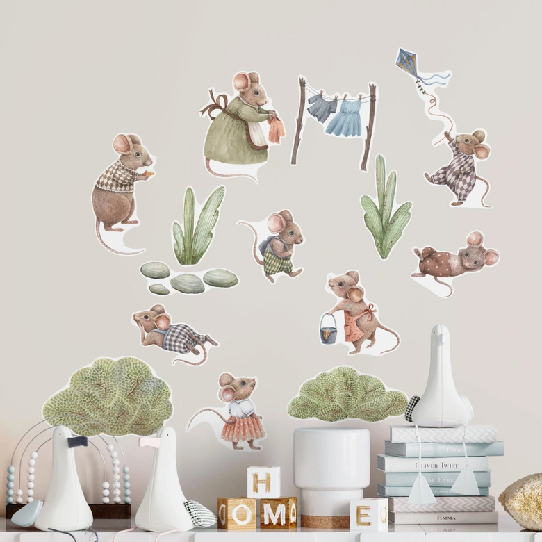 Sticker mural Kikki Belle - Un monde de souris joyeux pour les petits rêveurs (14 pièces) 