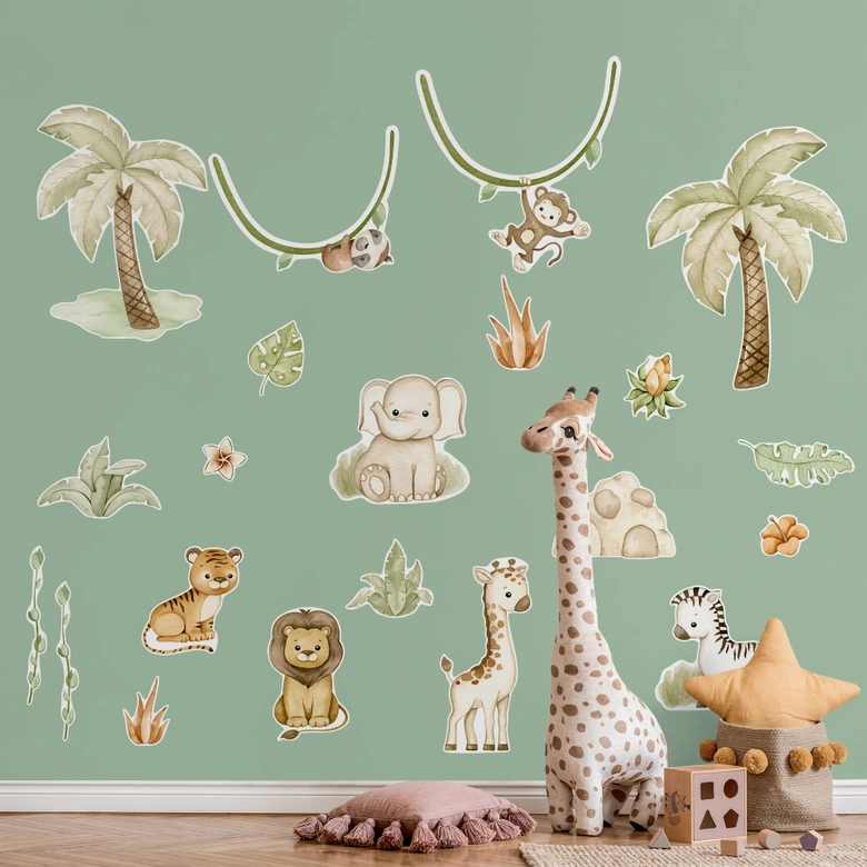 Sticker mural | Autocollants muraux pour enfants - Animaux mignons sous les palmiers - Oliver Robins - 50x70 cm 